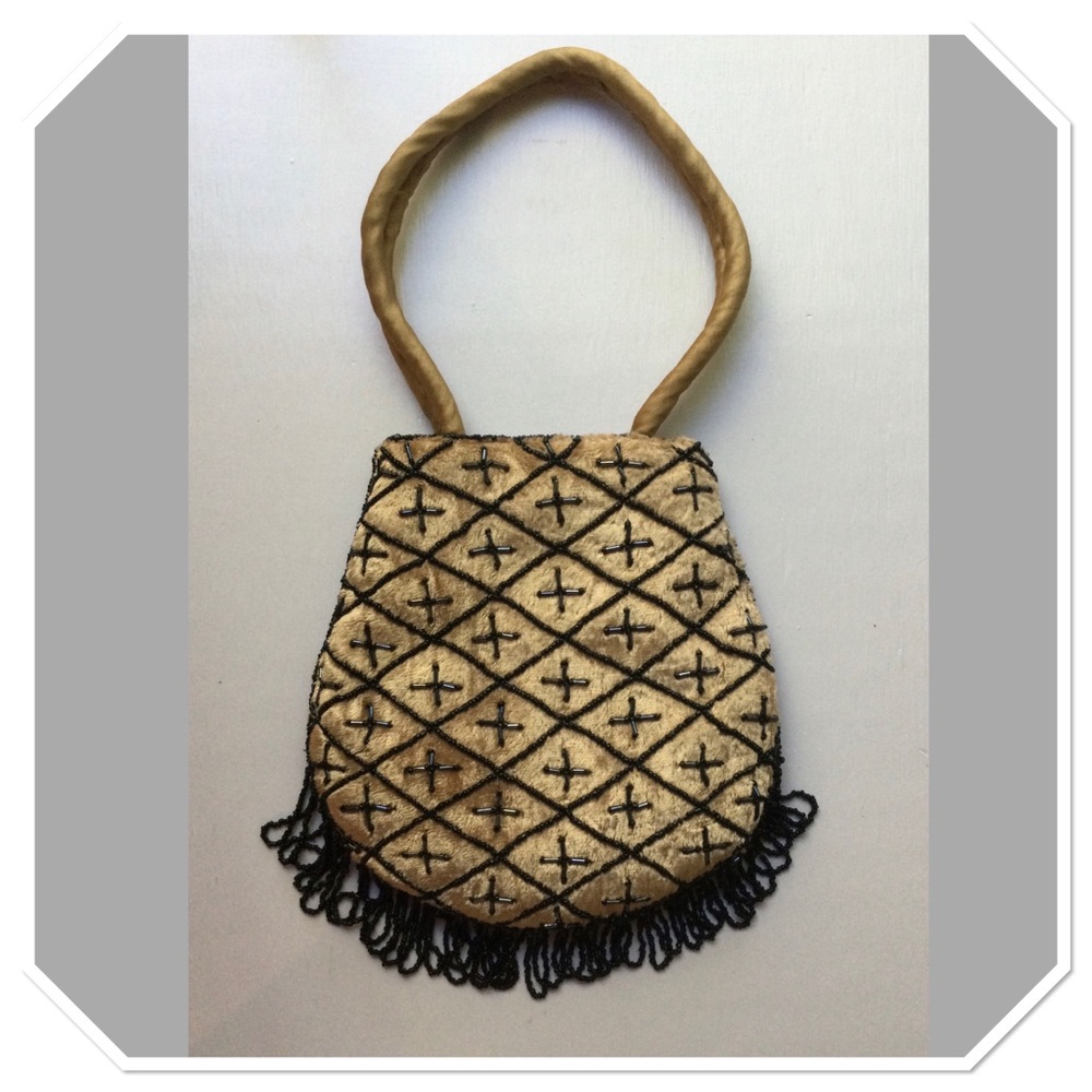 Vintage Cotton Velvet Beaded Bag in Tan with Black Beads